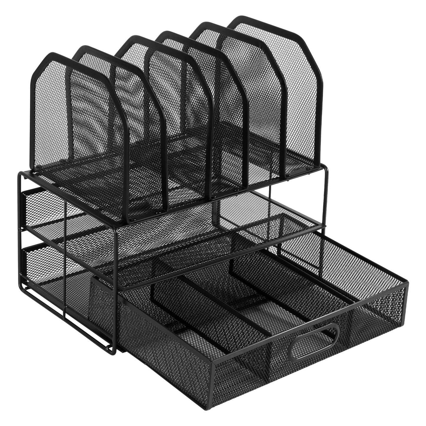 Amazon Basics Mesh Desk Organizer with Sliding Drawer, Double Tray and 5 Upright Sections, Black