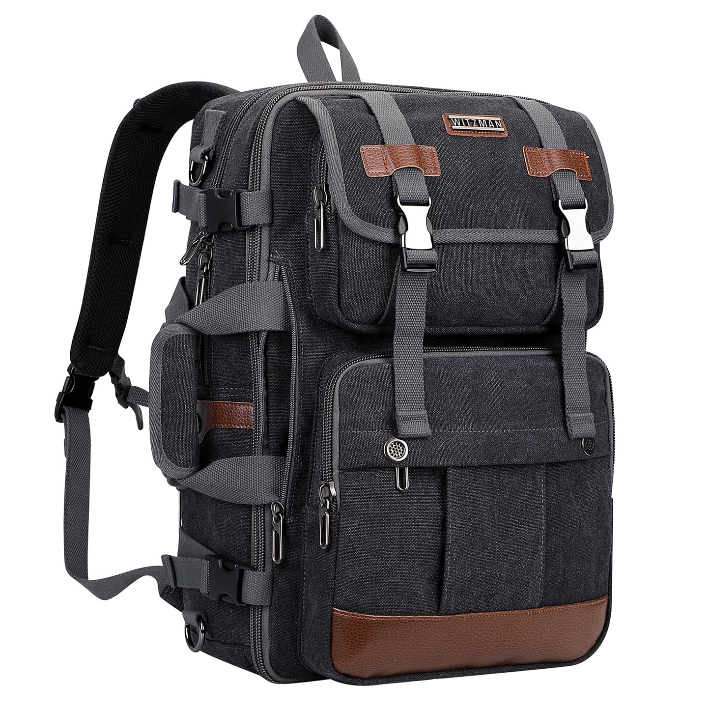 WITZMAN Canvas Travel Backpack for Men Large Laptop Backpack Fit 17 inch Carry-on Airline Approved Convertible Shoulder Rucksack(A6617-3 Black)