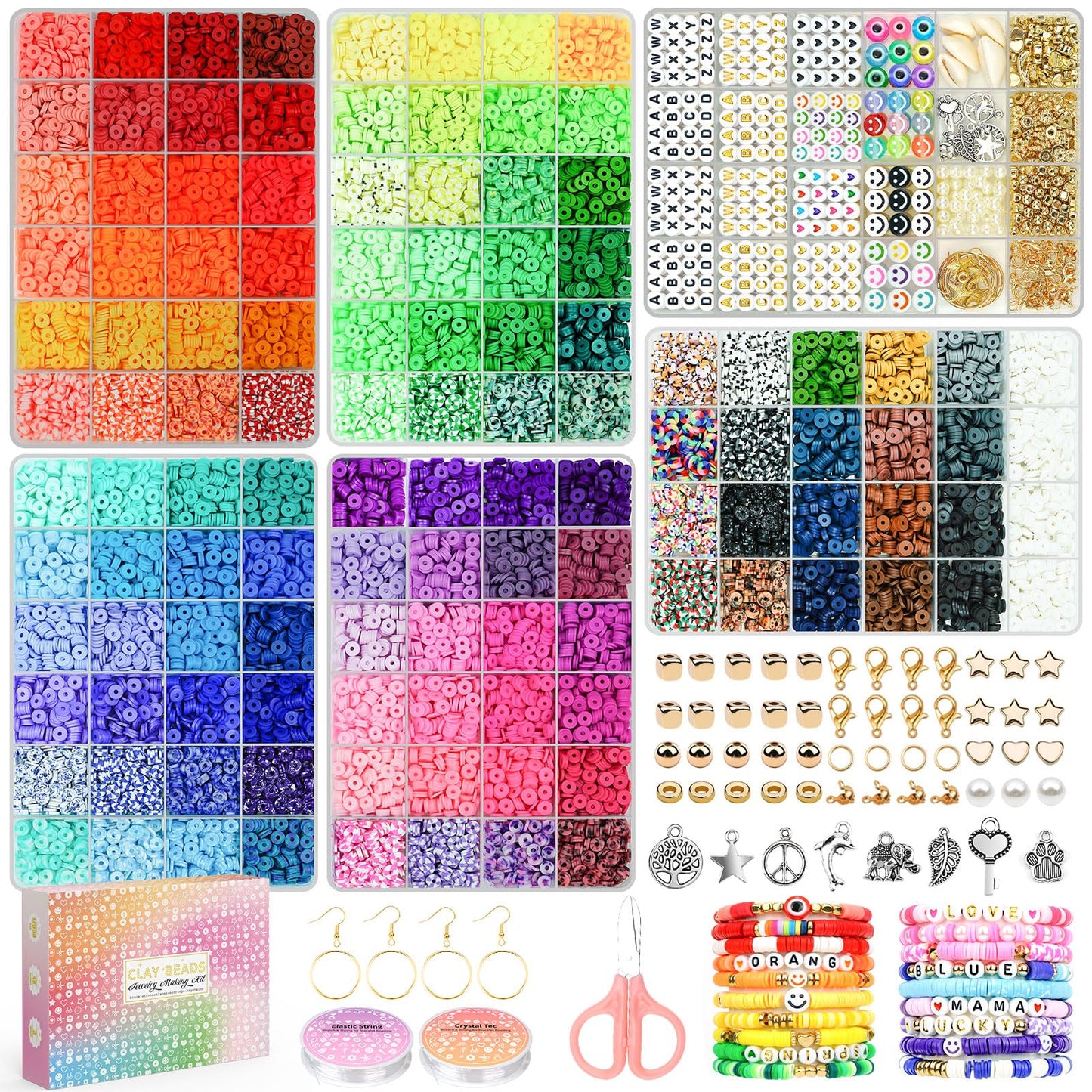 20,000 Pcs Clay Beads Bracelet Making Kit, 120 Colors 6 Boxes Polymer Beads Spacer Heishi Beads Kit, Jewelry Making Set with Pendant Charms Elastic Strings, Crafts Gift for Adults