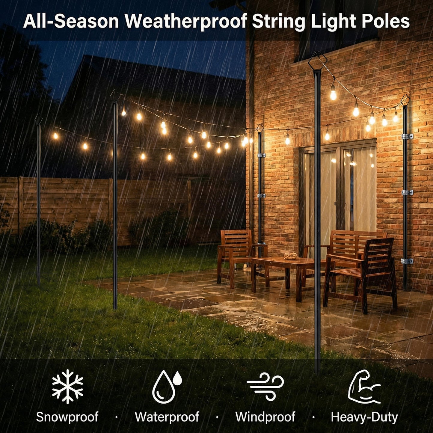 10FT String Light Poles 4 Pack, Outdoor Metal Light Stands with Fence Brackets for Hanging Lights, Patio, Pergola, Garden, Backyard, Yard & Camping Use
