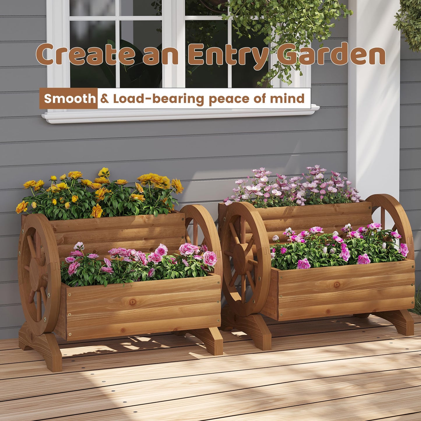 Wooden Wagon Planter Box for Indoor Outdoor Garden Planter Wood Planter Boxes Flower Planters Outdoor with Wheels Planter for Flowers Herbs Vegetables(Brown)