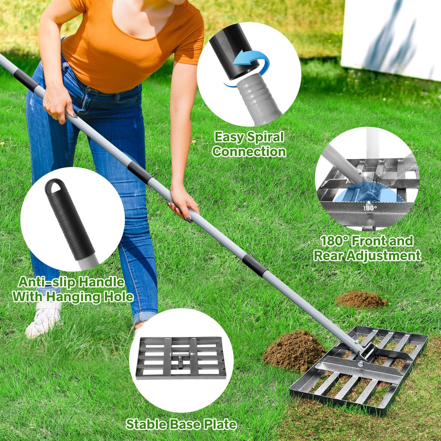 REAPALOT Lawn Leveling Rake, Lawn Leveler with Stainless Steel Long Handle, Heavy Duty Yard Level Tool for Leveling Soil, Dirt Or Sand Surfaces, Gardening Gloves Gift Included (17x10in)