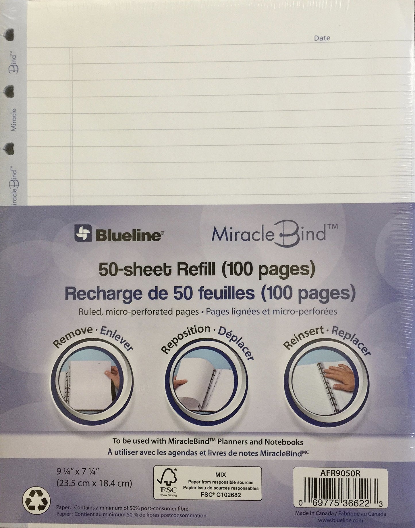 Blueline MiracleBind Notebook Ruled Paper Refill Sheet [Set of 2] Size: 9.25" H x 7.25" W x 0.19" D