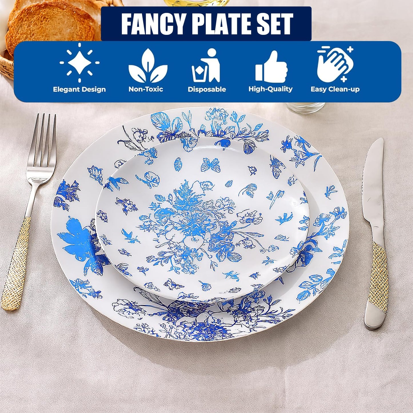100 Pcs Blue and White Floral Plastic Plates, Include 50 Dinner Plate 10.25" 50 Dessert Plate 7.5" Vintage Flower Disposable Plate for Weeding Bridal and Baby Shower Birthday Party Supplies