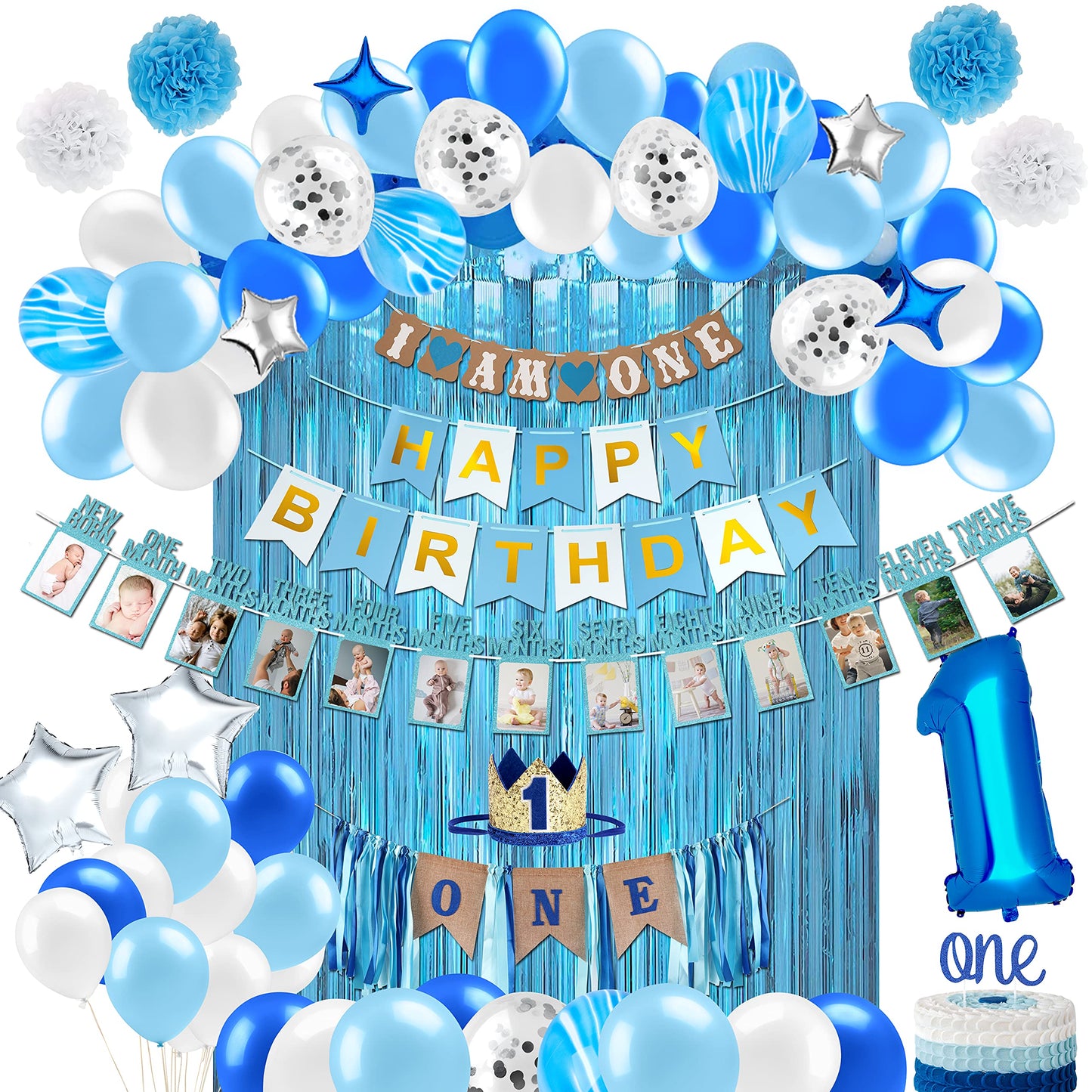 PartyHooman Boy 1st Birthday Decors: Package With Photo Banner, Backdrop, Crown, High Chair Banner & Supplies