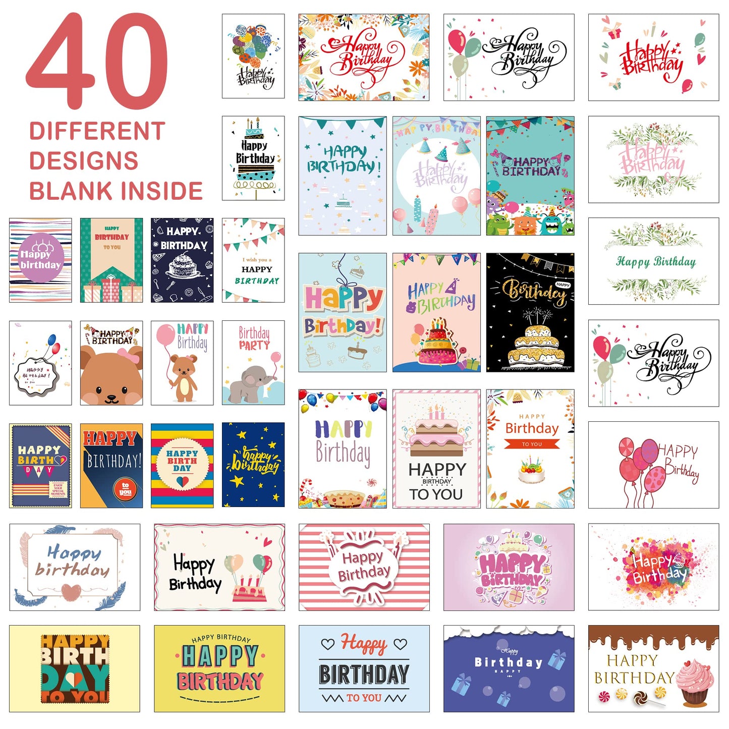 feela Birthday Cards, 160 Pack 40 Designs Happy Birthday Card Assorted Bulk with 160 Blank Envelopes 168 Pieces of Stickers 6 Washi Tapes, 4 X 6 Inches Greeting Cards For Girls Family Friends