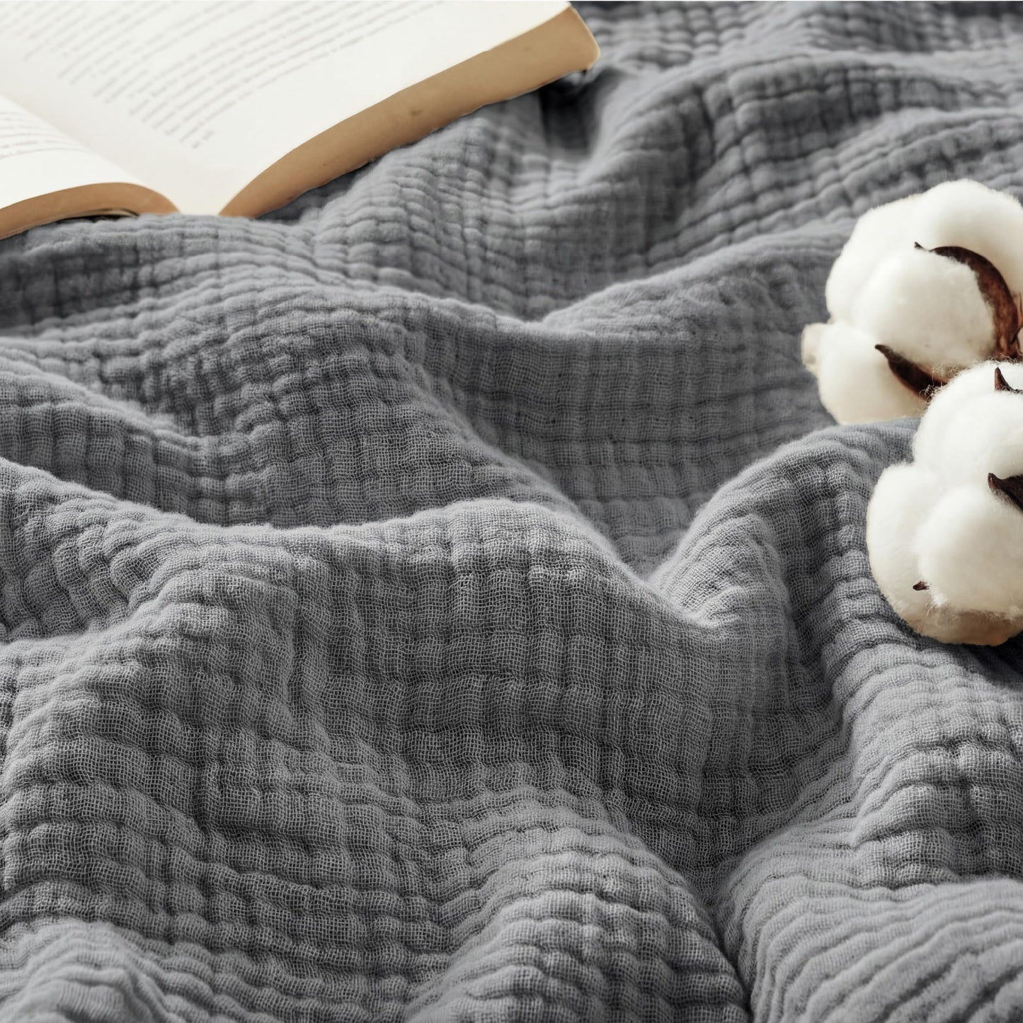 Bedsure 100% Cotton Muslin Throw Blanket - King Size for Bed, 4-Layer Breathable and Lightweight Thin Soft Summer Gauze Muslin Blanket for Adults, Grey, 108x90 Inches