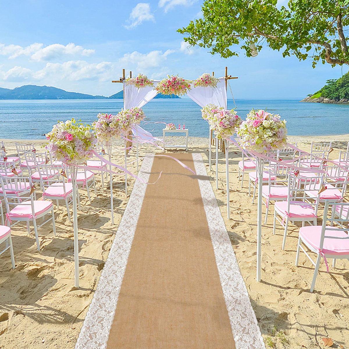 20 Ft x 36 in Natural Burlap Wedding Aisle Runner, Rustic Jute Weddings Runway Carpet with Lace, Ceremony Burlap Carpet Roll for Beach Garden Church Reception Craft Decor