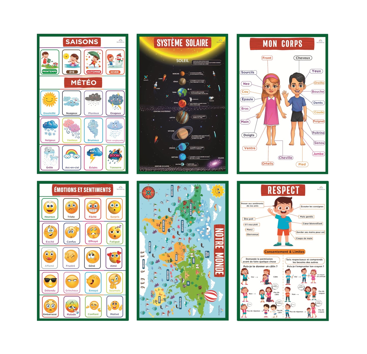 Recto Verso | 18 [36 total] English/French Double-Sided Bilingual Educational Preschool Posters for Toddlers & Kids Kindergarten Classroom Homeschool Learning Tool | Alphabet, Numbers & more