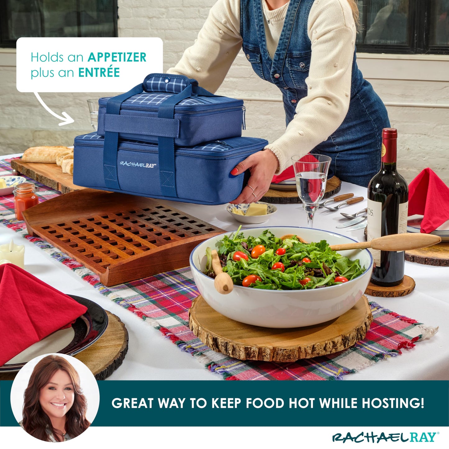 Rachael Ray Lugger Duo, Insulated Casserole Carrier for Hot or Cold Food, Thermal Lasanga Lugger Tote for Pockluck, Parties, Picnic, and Cookouts, Fits 9" x 13" Baking Dish, Navy Gingham
