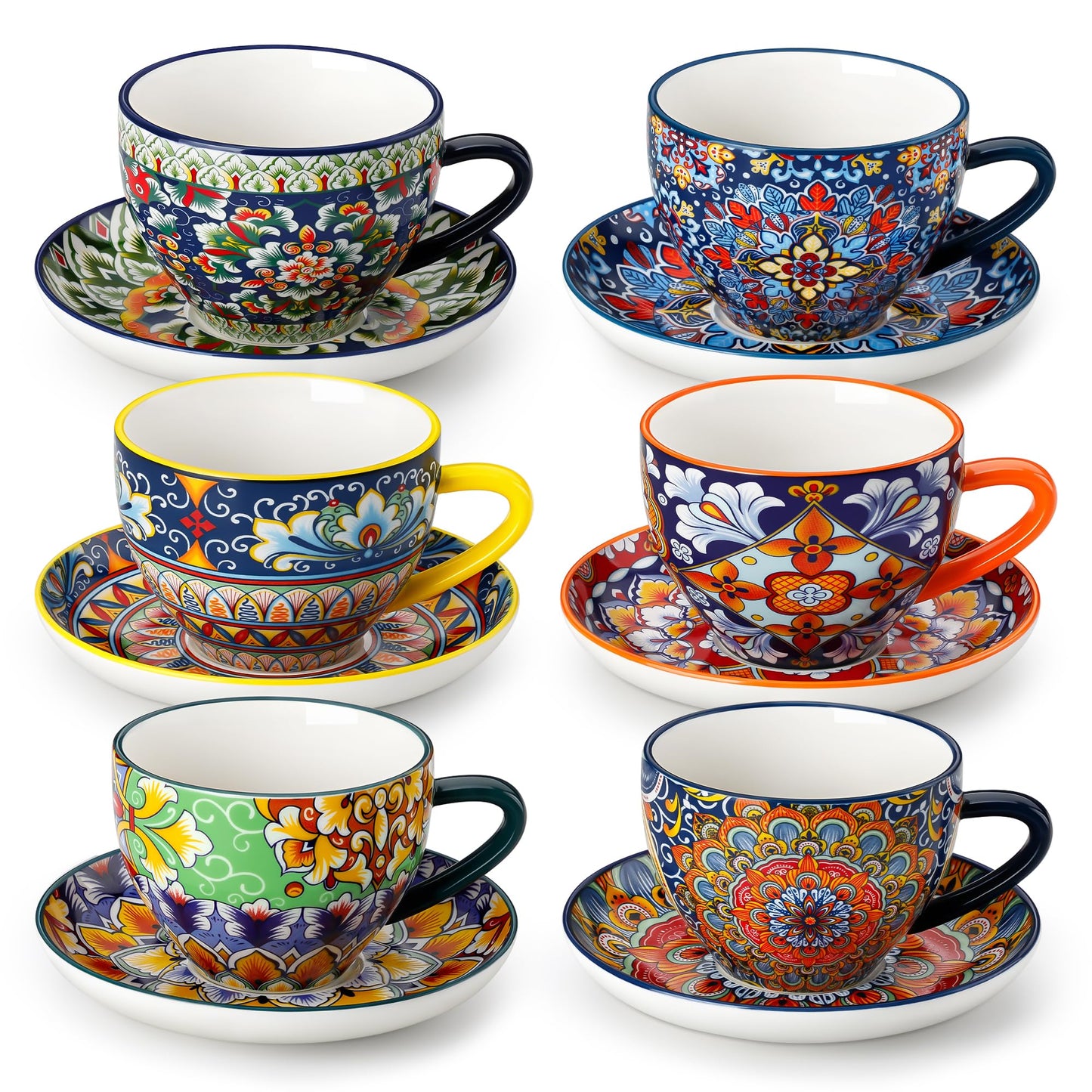 vancasso 8 oz Cappuccino Cups with Saucers Set of 6, Bohemian Ceramic Coffee Cup for Latte, Espresso, Microwave & Dishwasher Safe - Porcelain Latte Mugs for Cafe