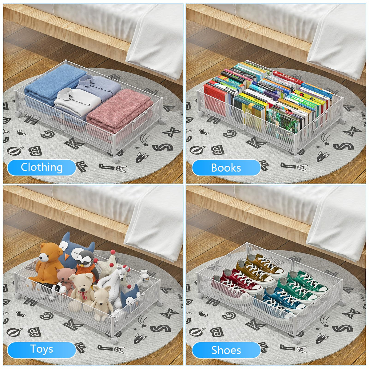 VyGrow Under Bed Storage Containers, Under Bed Storage with Wheels, Shoe Organizer Under Bed with Handles, Tool-free Assembly Underbed Storage for Clothes, Shoes, Blankets, Toy Storage, White, 2Pack