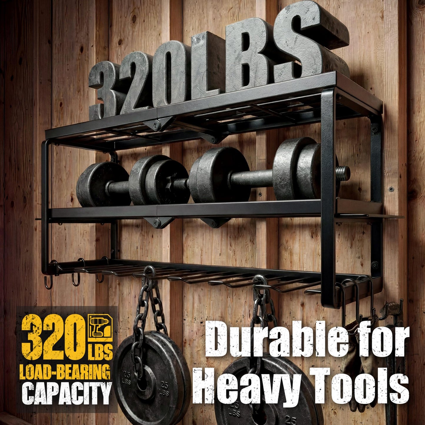 Amoowis All-in-One Wall Mount Tool Organizer for Garage, Heavy Duty 3-Layer Metal Tool Rack, 320LBS Capacity with 7 Cordless Drill Holders & Battery Storage, Fits Most Power Tools
