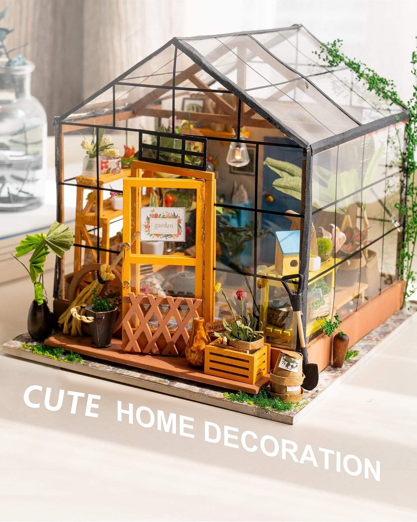 ROBOTIME DIY Dollhouse Wooden Miniature Furniture Kit Mini Green House with LED Best Birthday Gifts for Boys & Girls