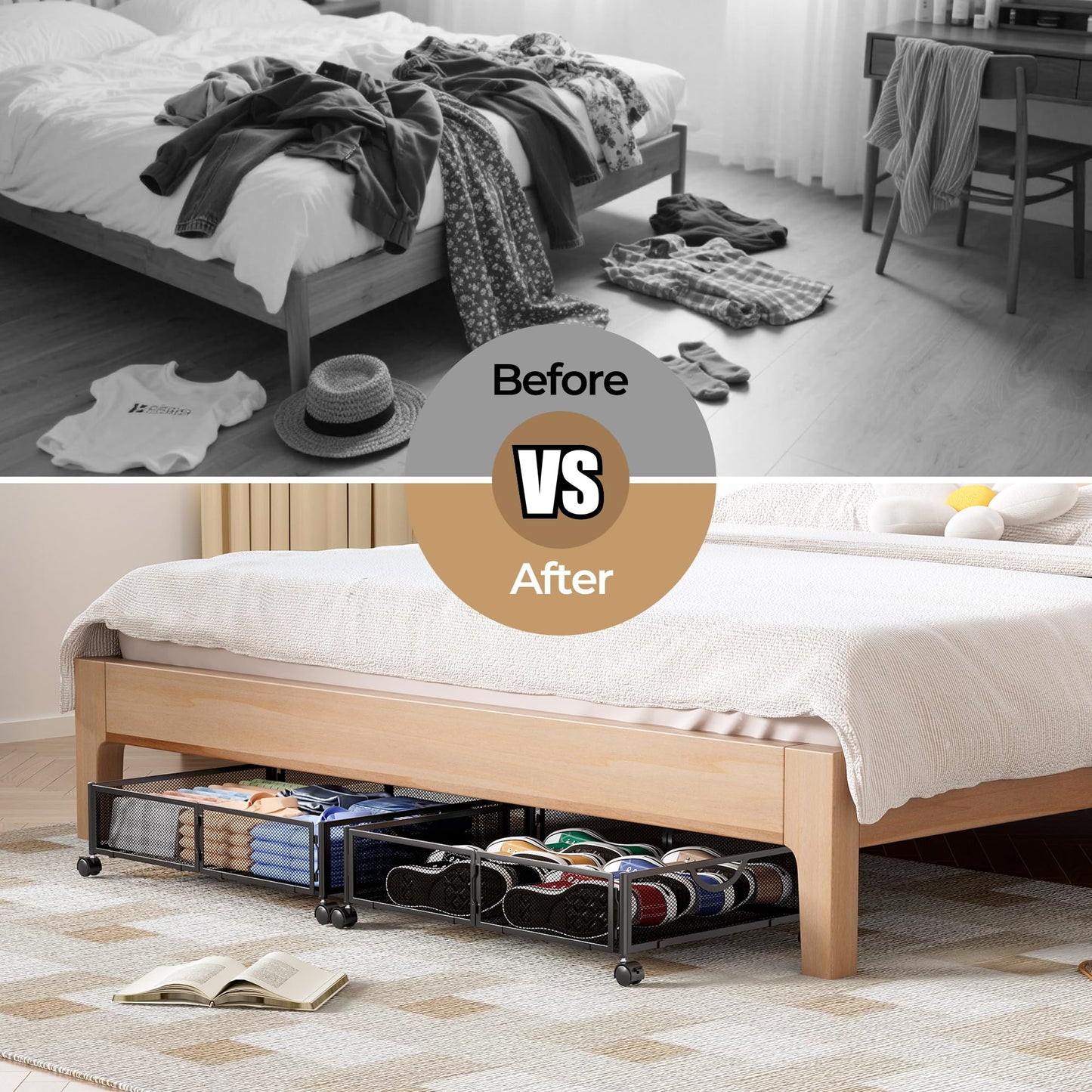 Yecaye Under Bed Storage with Wheels, 2 Pack Under Bed Shoe Storage Organizer Drawer, Tool-free Assembly Metal Underbed Storage Containers for Clothes, Shoes, Toys, Black