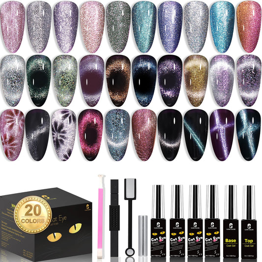 Clara Colors Magnetic Nail Polish - 20 Colors Cat Eye Gel Polish Kit Holographic Glitter Cat Eye Gel Nail Polish with 4 Magnet, Black White Base Top Coat Gel Soak Off LED Manicure Salon DIY Art Gifts for Her