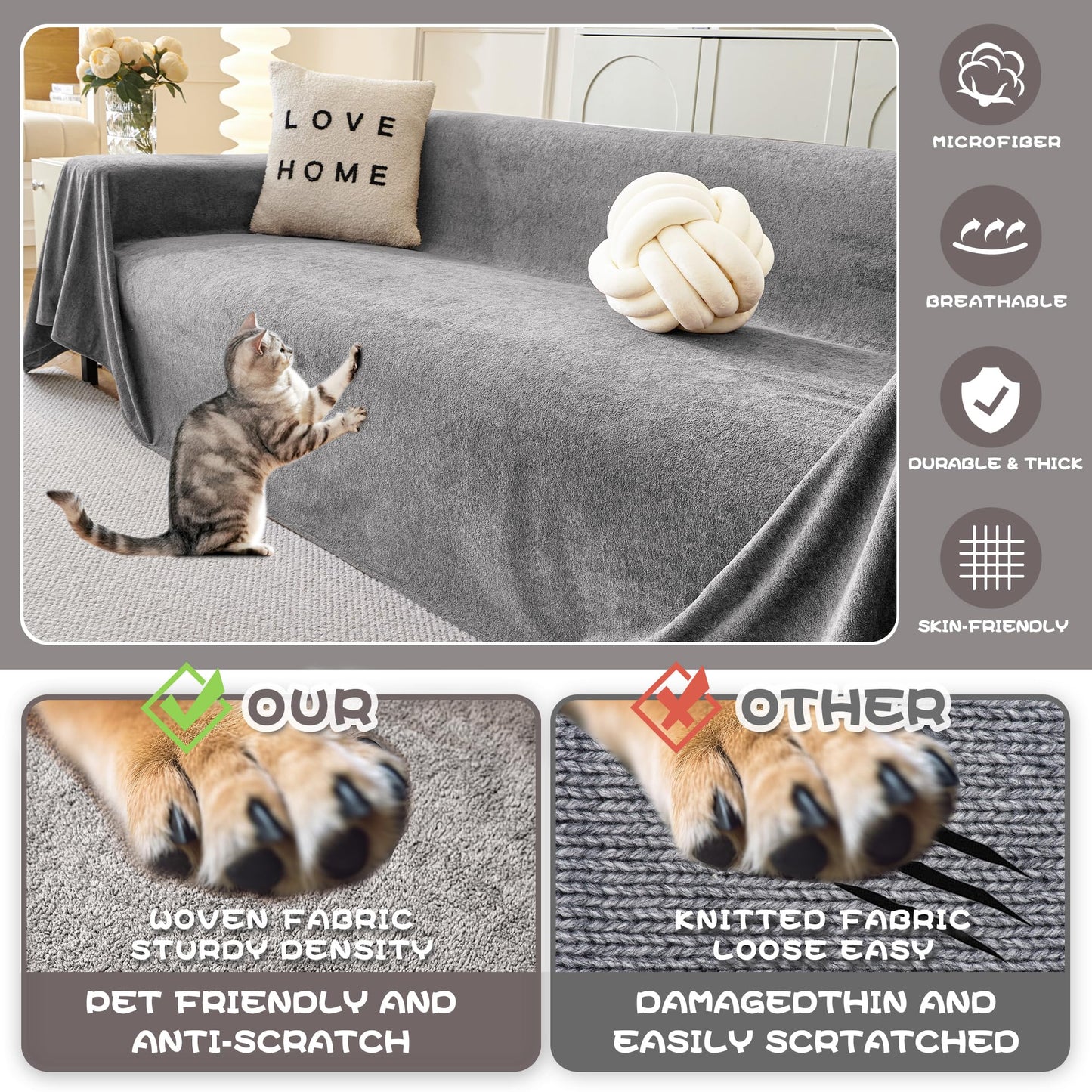 MYSKY HOME Couch Covers Sofa 2 Seat, Non-Slip Soft Sofa Slipcover Furniture Protector, Washable Futon Covers, Towel Blanket Pet Friendly for Dogs, 71" x 118", Grey