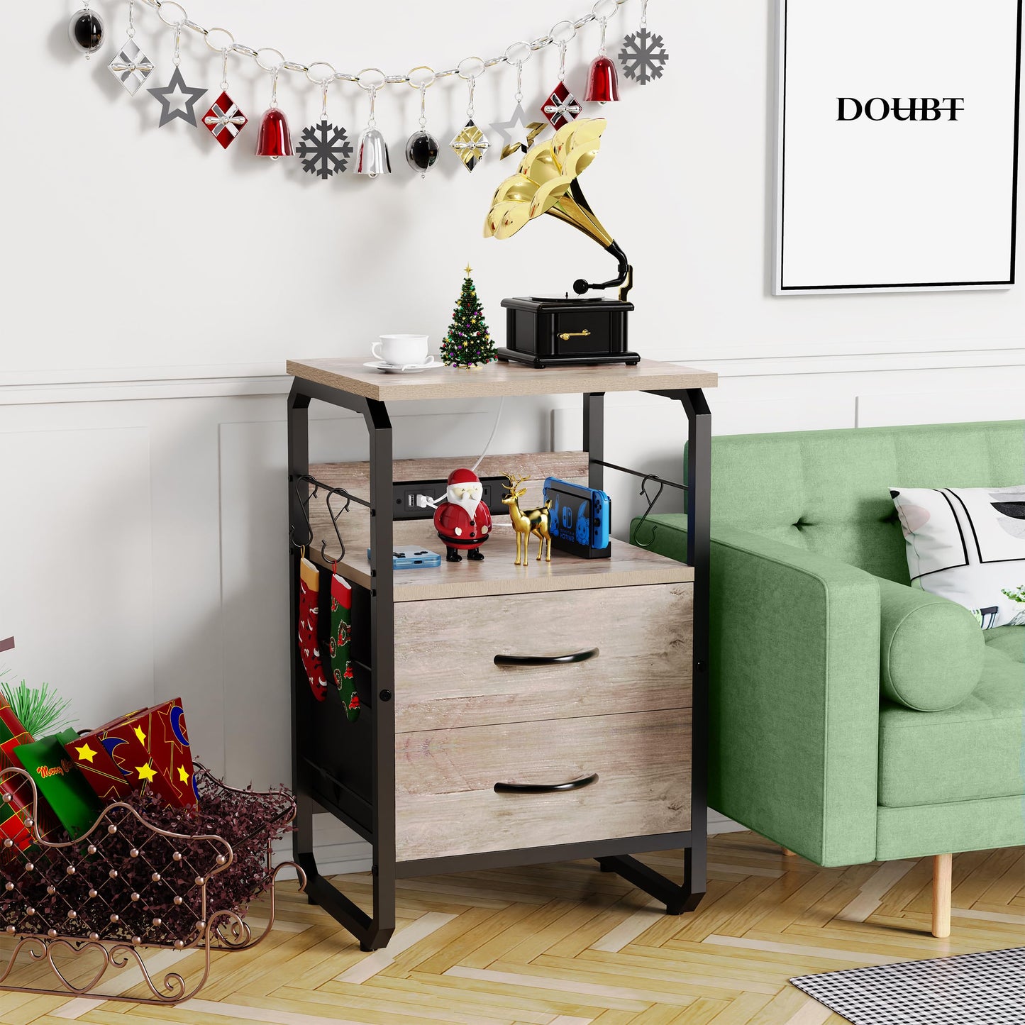 runjuly Side Table with Drawers, Night Stand with Charging Station, AC Outlets & USB C Ports, End Table with Storage, Night Tables with Hooks, Bedside Nightstand for Office, Bedroom, Dorm Greige