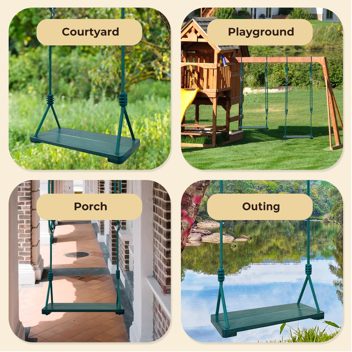 NOSTIFY Wooden Swing Seat, Nostalgic Outdoor Wood Swing for Kids Adults, Hanging Tree Straps Set Accessories for Backyard Patio Garden Playground (Green)
