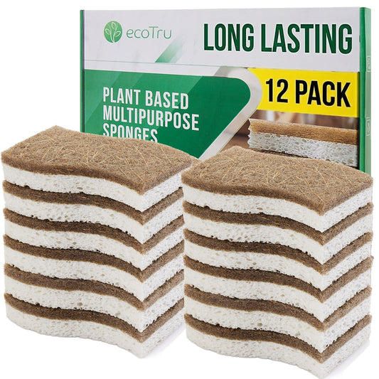 12 Pack Natural Kitchen Sponges, Compostable White Cellulose & Organic Coconut Scrubber Sponge for Washing Dishes, Kind Eco Friendly Non Toxic & Biodegradable Dishwashing Sponges