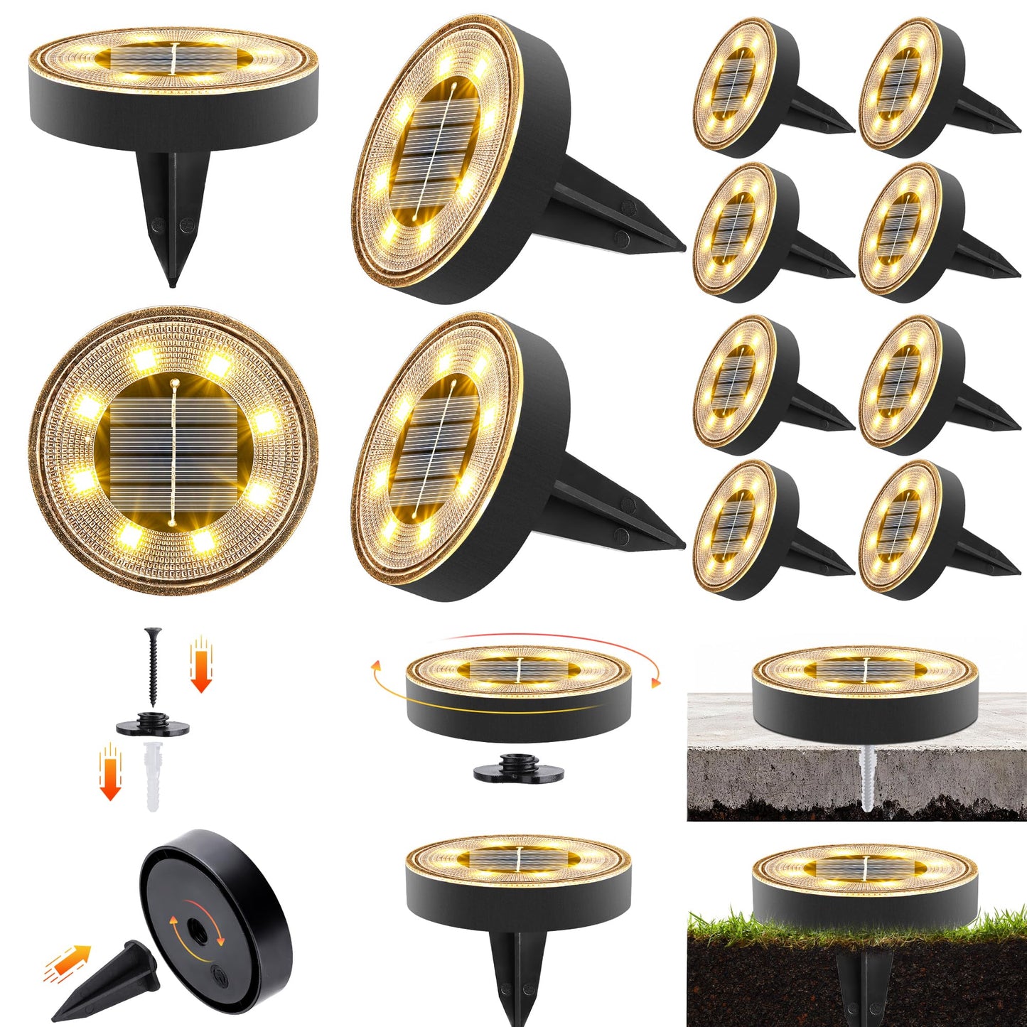 Joomer 12 Pack Solar Ground Lights, 2-in-1 Solar Lights Outdoor Waterproof Solar Powered Disc Lights Landscape Garden Lighting Light for Patio Pathway Lawn Yard Driveway Walkway Deck Step (Warm White)