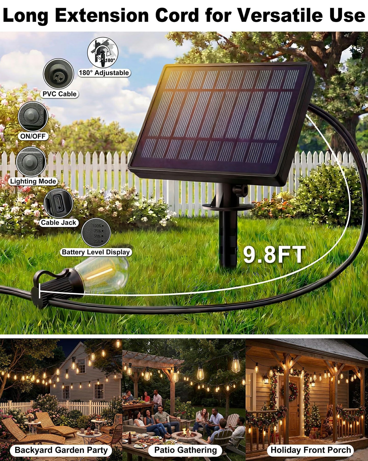 Pesken Solar String Lights Outdoor, Waterproof ST38 LED Patio Lights with Remote & USB Charge, 2700K Dusk to Dawn, Timer & 3 Modes, 54FT Dimmable Solar Powered String Lights for Backyard, Camping