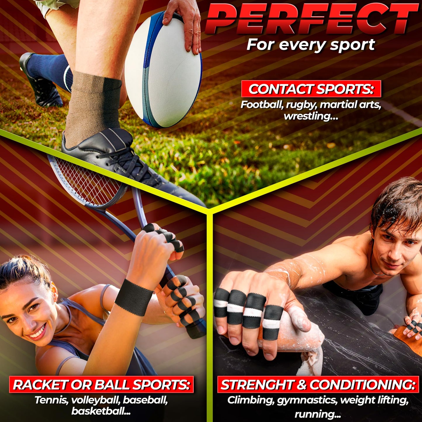 Summum Fit Black Athletic Tape Extremely Strong: 24 Rolls + 6 Finger Roll. Easy to Apply & No Residue. Sports Tape Athletic for Boxing Football Climbing or Gymnastics for Wrist Ankle & Hand Protection