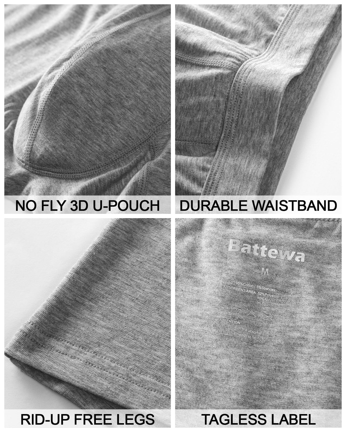 Battewa Incontinence Underwear for Men Boxer Briefs Washable Urinary Absorbent Leak Proof Underwear for Bladder leak 50ml (2X-Large,3Color,3 Pack)