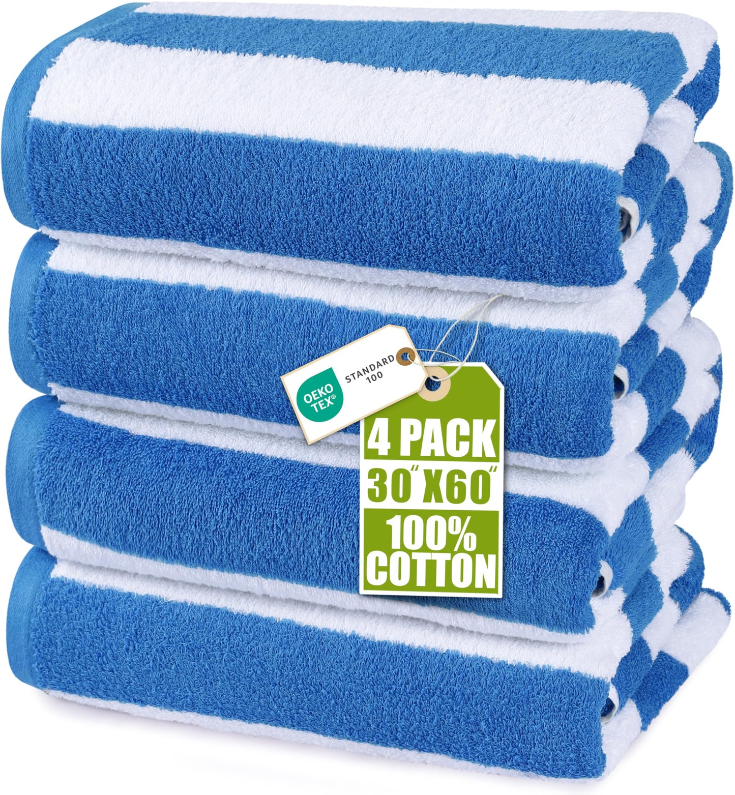 Utopia Towels 4 Pack Cabana Stripe Beach Towels (30x60 inches) - 100% Ring Spun Cotton Large Pool Towels, Soft and Quick Dry Swim Towels (Blue)