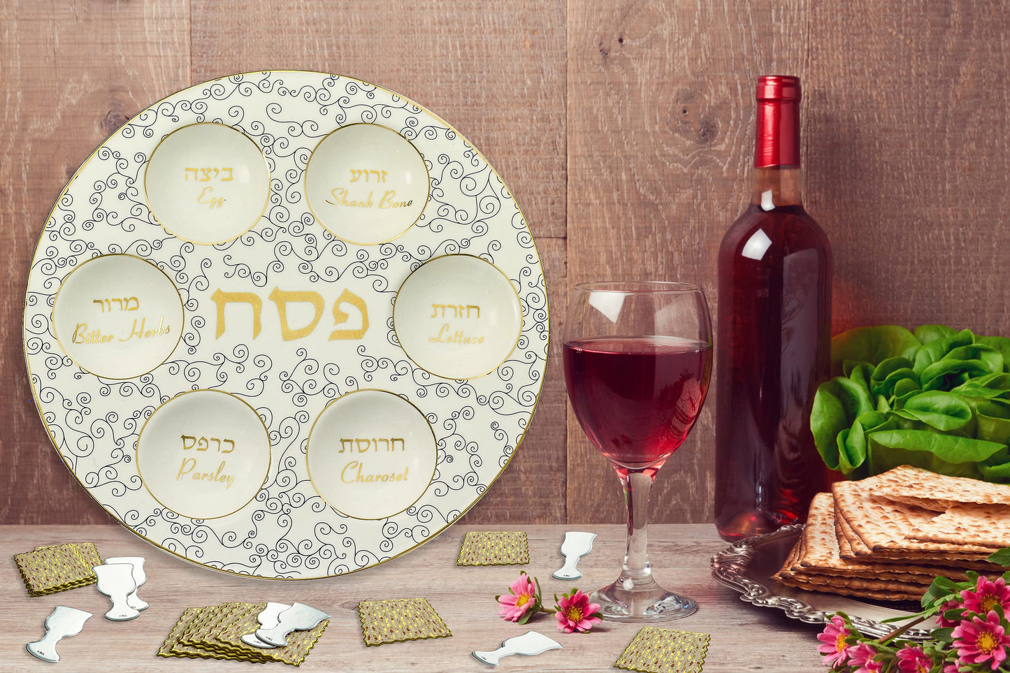 Rite Lite Classic White & Blue Curlicue Seder Plate With Gold Accents - Elegant & Modern Pesach Seder Dish Recipe Hebrew & English Haggadah Traditional Jewish Holiday Party Plate Decor Judaism Gifts