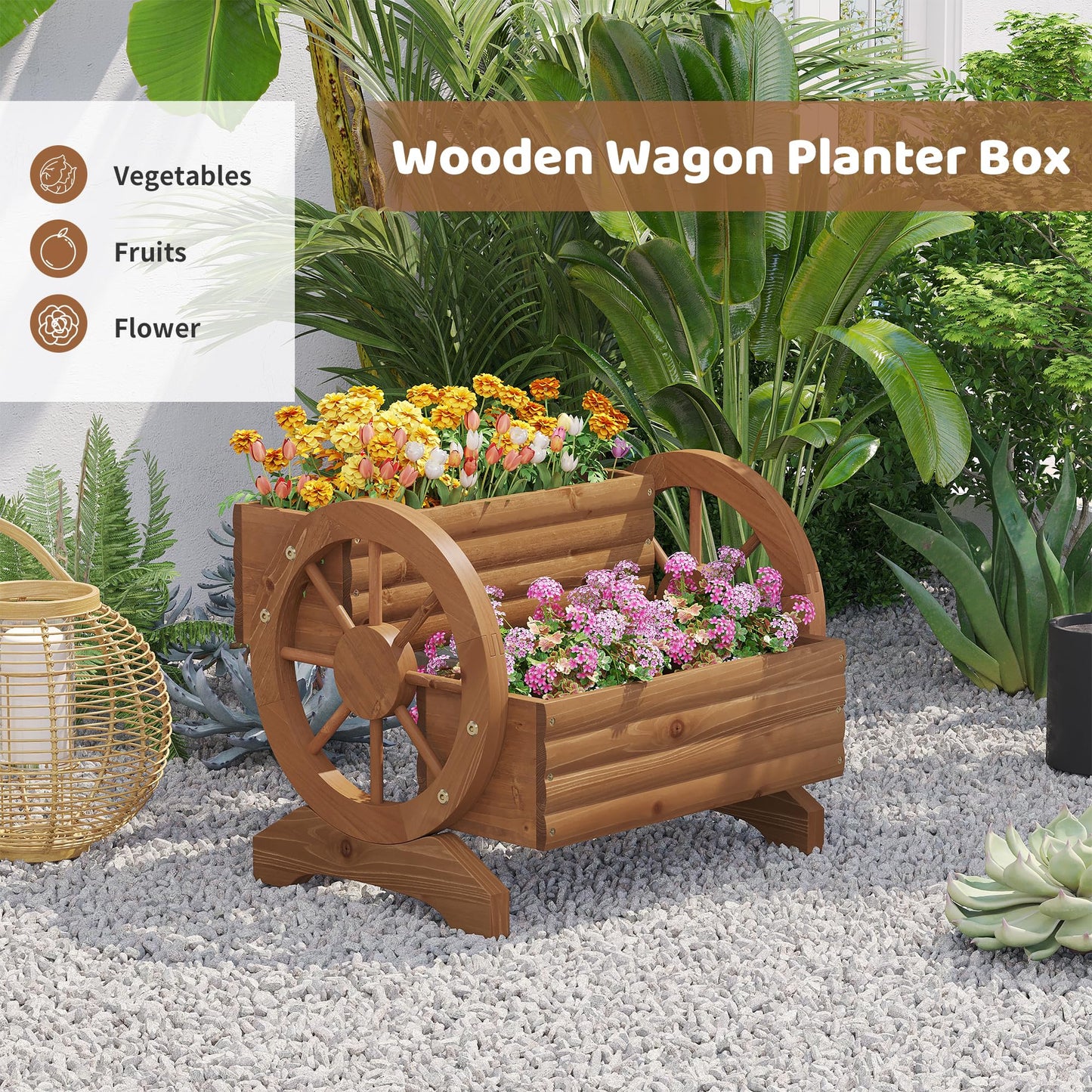Wooden Wagon Planter Box for Indoor Outdoor Garden Planter Wood Planter Boxes Flower Planters Outdoor with Wheels Planter for Flowers Herbs Vegetables(Brown)