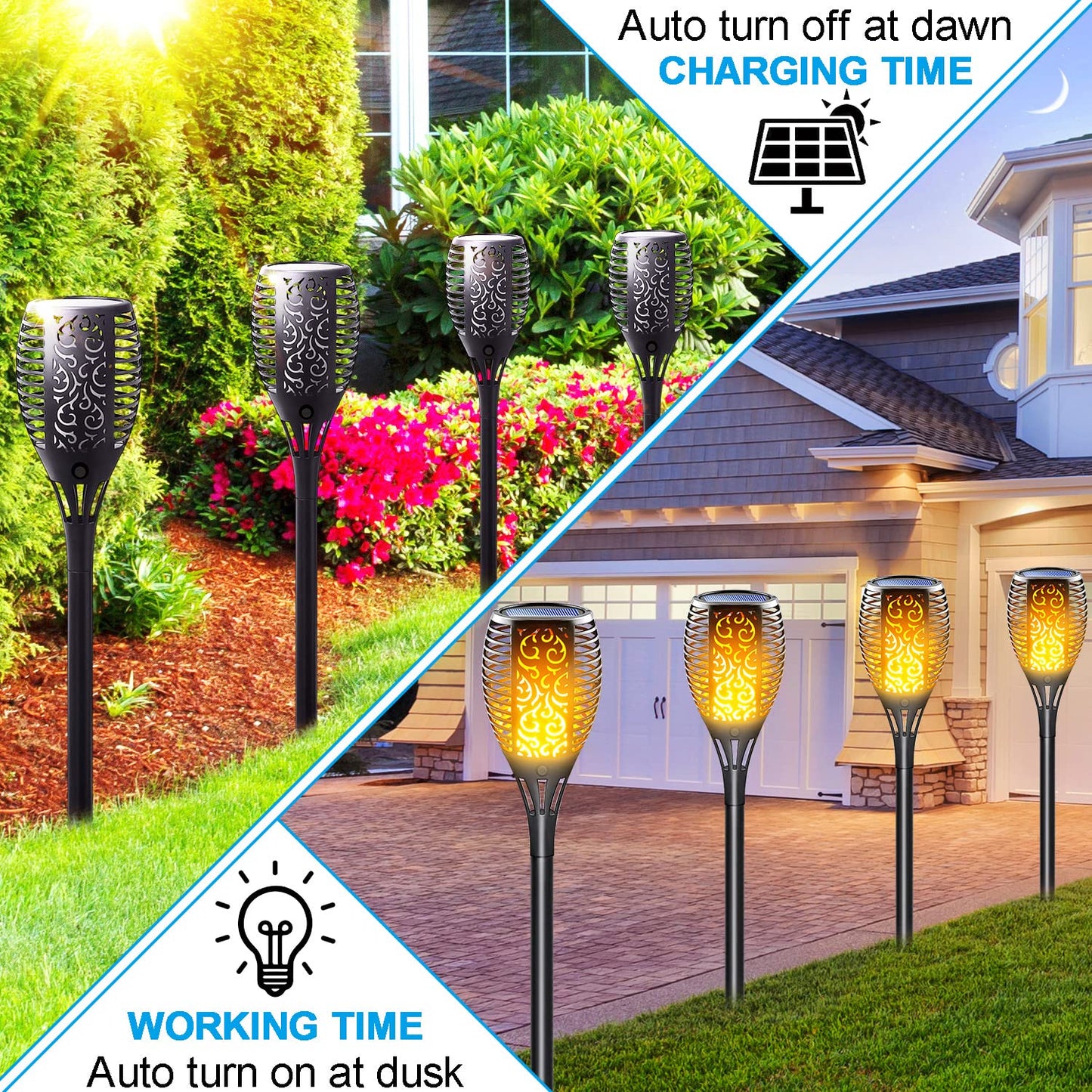 LazyBuddy Solar Torch Lights Outdoor, Large Solar Tiki Torches with Flickering Dancing Flame, IP65 Waterproof Halloween Decoration for Canadian Garden/Patio/Pathway, Auto On/Off (4 Pack)