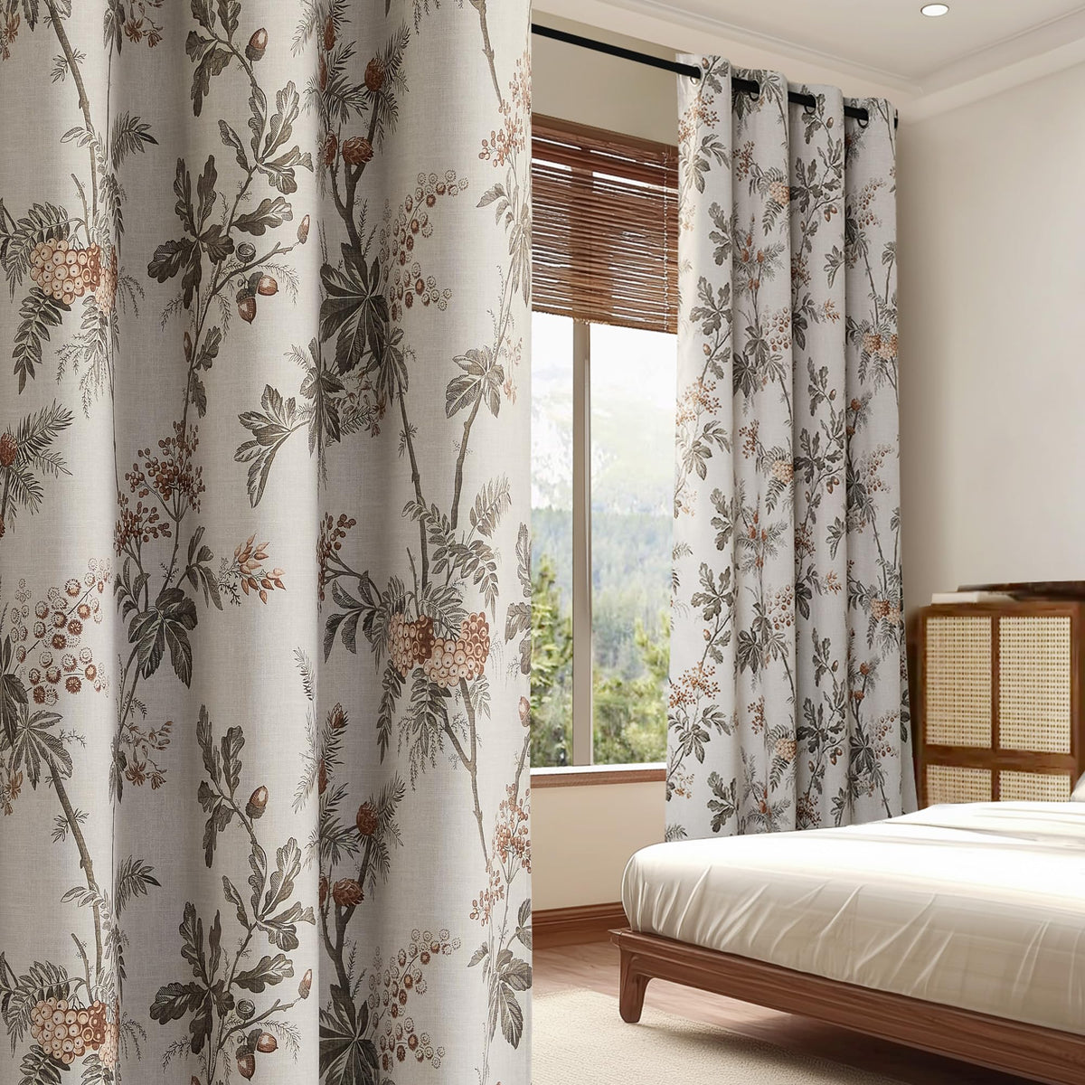 NICETOWN Dark Mallard Blackout Curtains 52 x 84 Inch， 2 Panels Set - Floral Print Window Drapes for Living Room & Bedroom， Energy Efficient Thermal Insulated Grommet - Farmhouse & Tropical Style