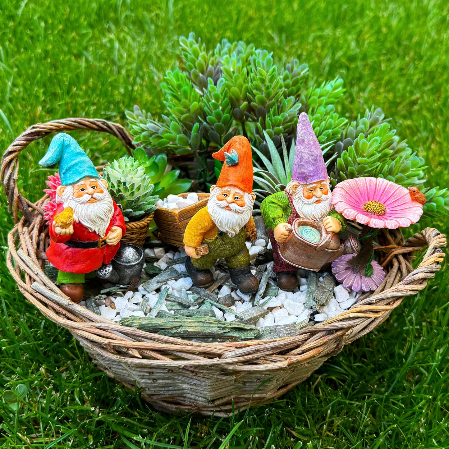Mood Lab Miniature Garden Gnomes - Gardening Gnome Figurines & Accessories Set (4 pcs) 3.5" H - Indoor Outdoor Garden Decor