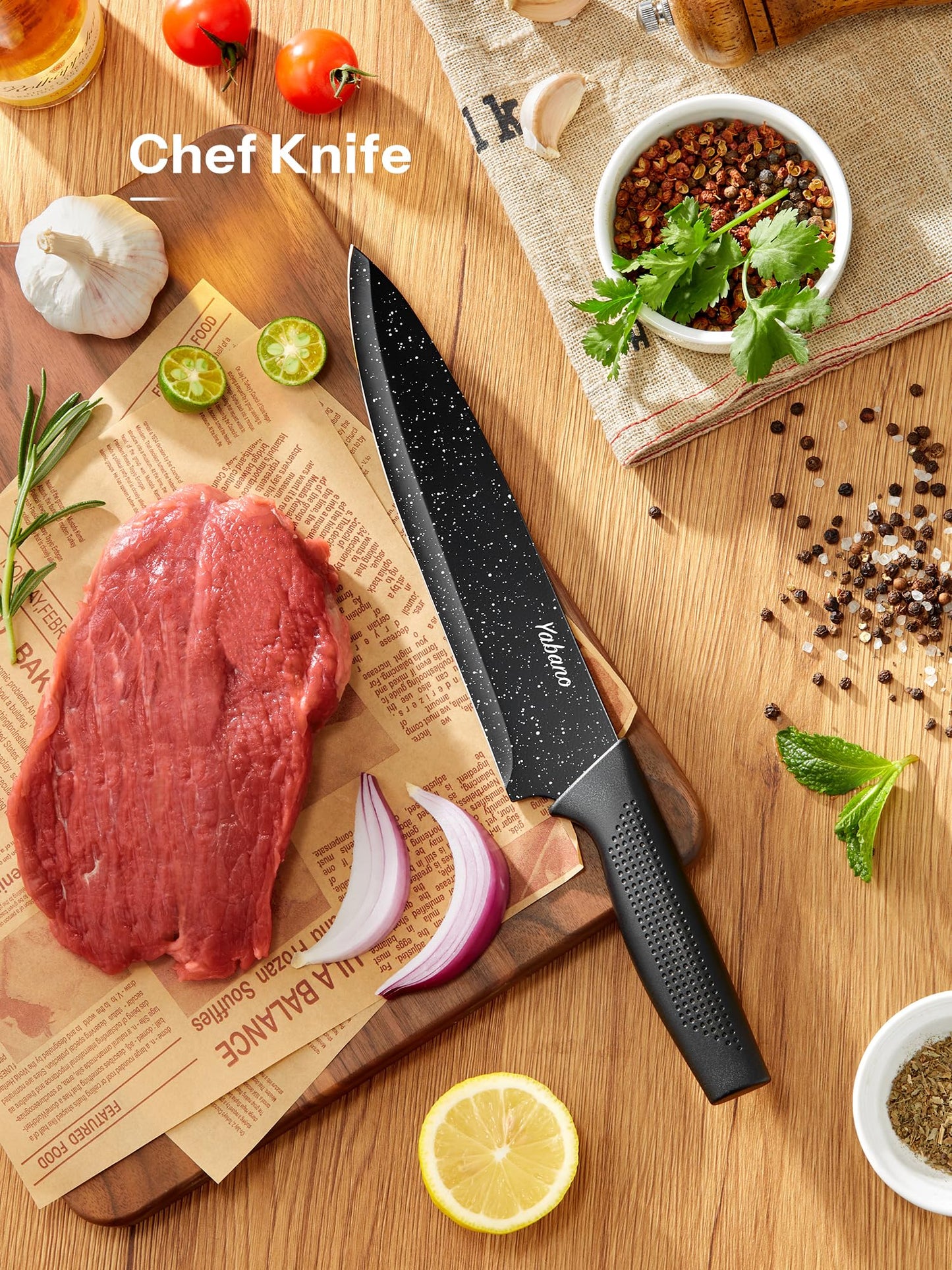 Knife Set, Yabano No Rust Kitchen Knives with PE Universal Knife Block 7 Pieces, High Grade Small Knife Block Set with Black Coating, Dishwasher Safe (White)