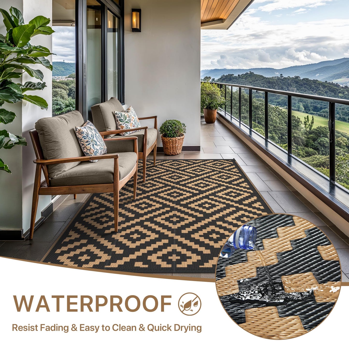 GENIMO 5'x8' Outdoor Rug Waterproof, Reversible Camping Mat, Plastic Straw Rugs for Patio, RV, Camper, Balcony, Backyard, Picnic, Deck (Black & Brown)