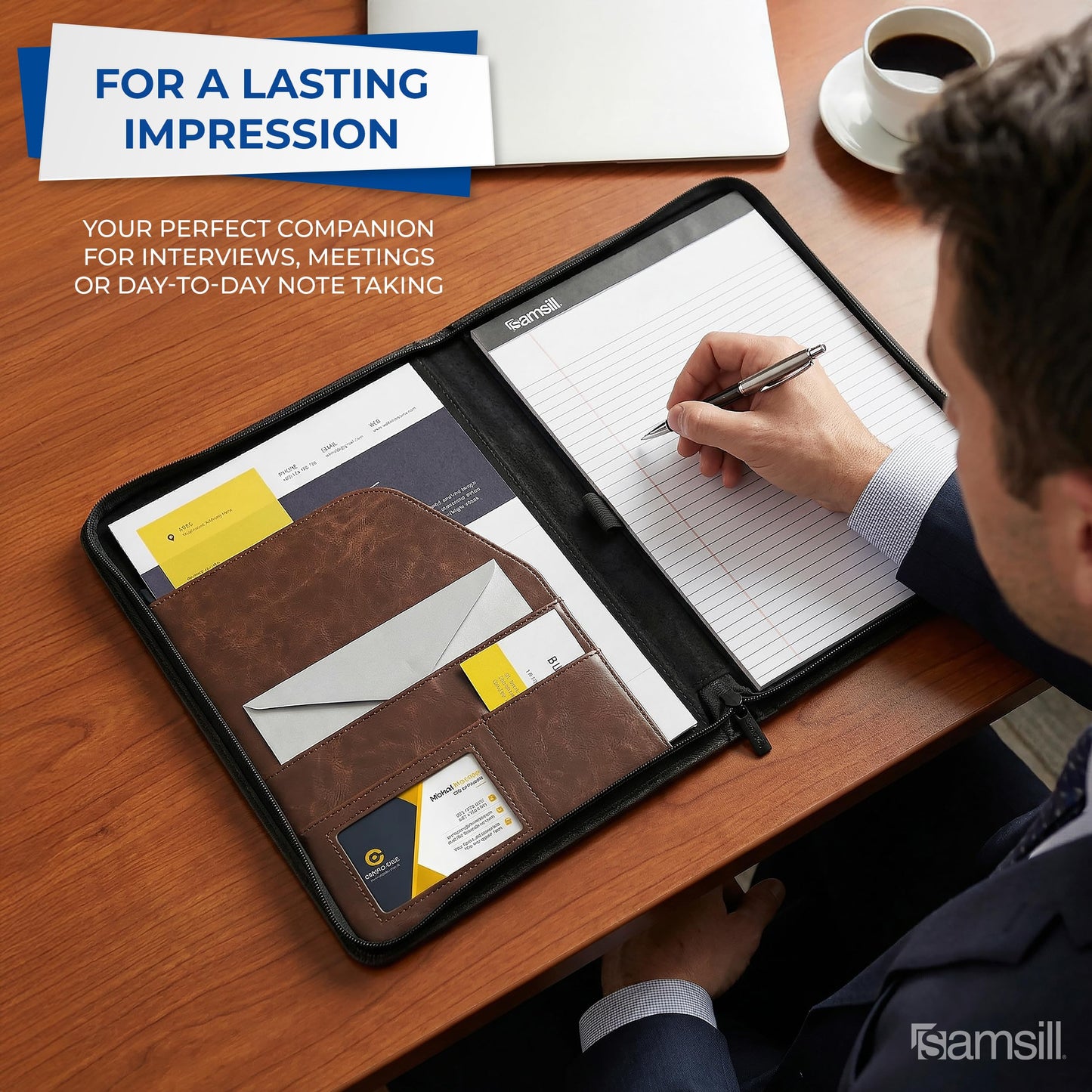 Samsill 70836 Vintage Hardback Portfolio with Zippered Closure, 8.5 inch x 11 inch Writing Pad, Dark Brown