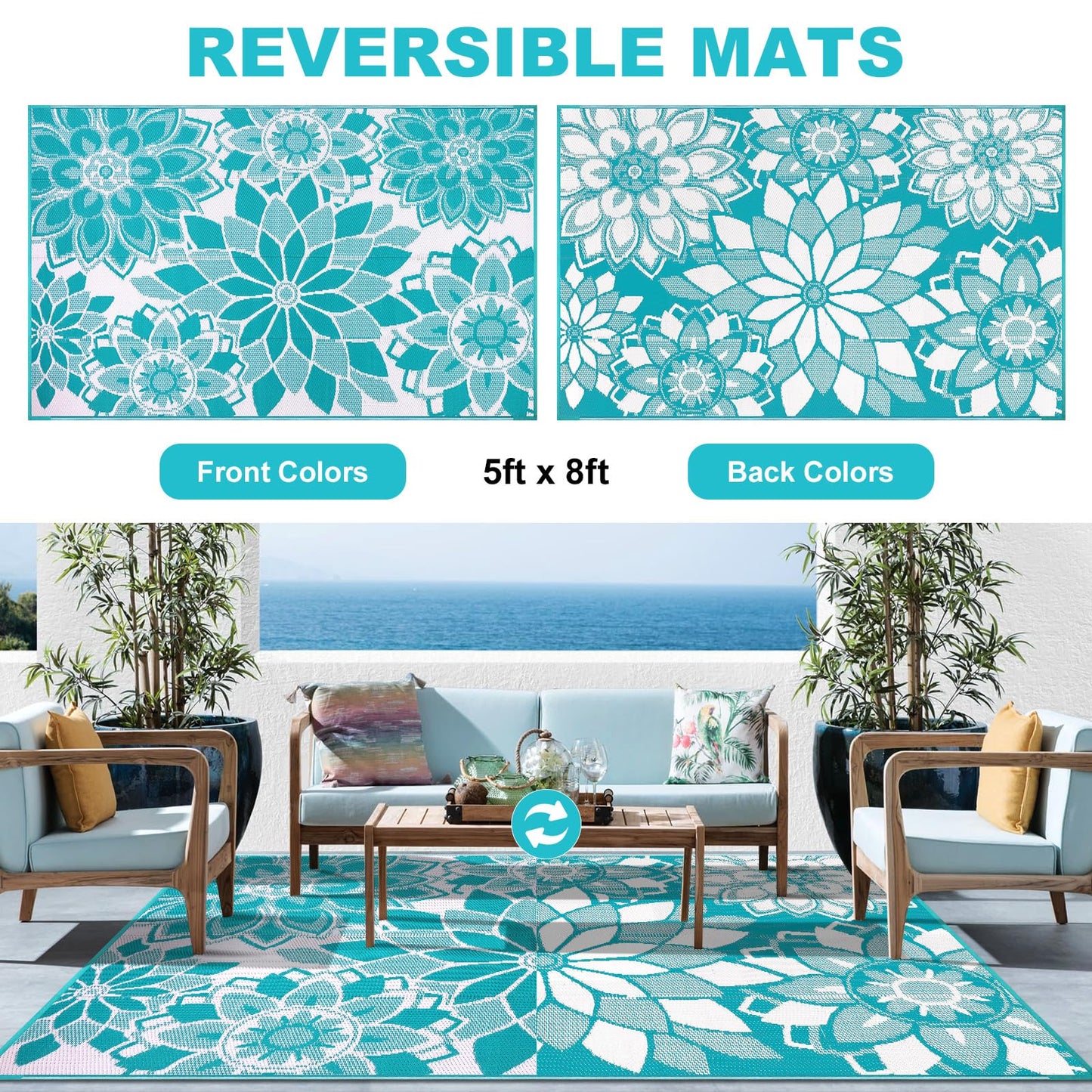 LOKHOM Outdoor Rug for Patio 5x8 ft Reversible Plastic Straw Patio Camping Rug, Floral Waterproof RV Mat for Camper Indoor Outdoor Carpet for Deck Porch Picnic Beach Balcony Backyard, Teal & White