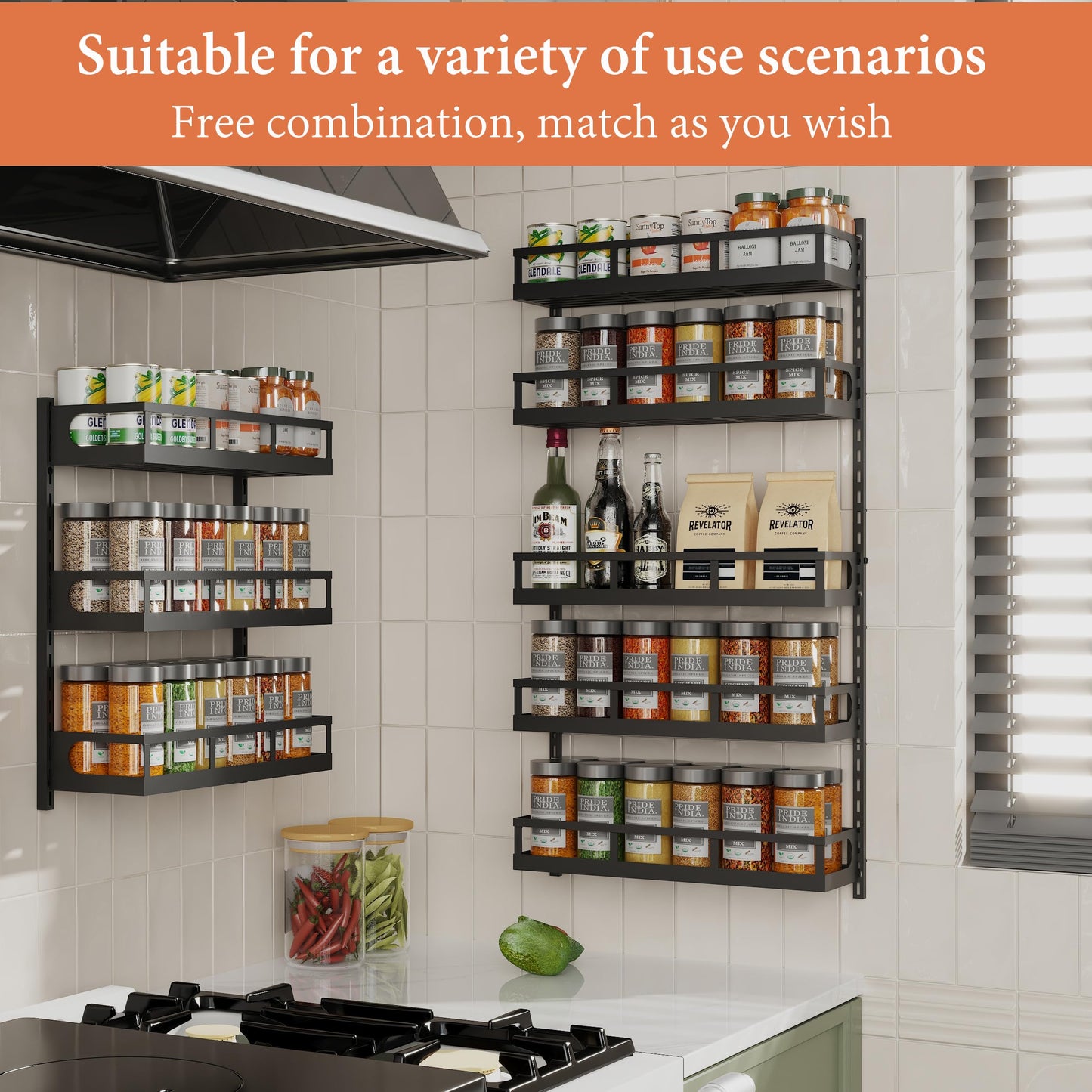 X-cosrack Wall Mount Spice Rack Organizer 5 Tier Height-Adjustable Hanging Spice Shelf Storage for Kitchen Pantry Cabinet Door, Dual-Use Seasoning Holder Rack with Hooks, Black-Patent Pending