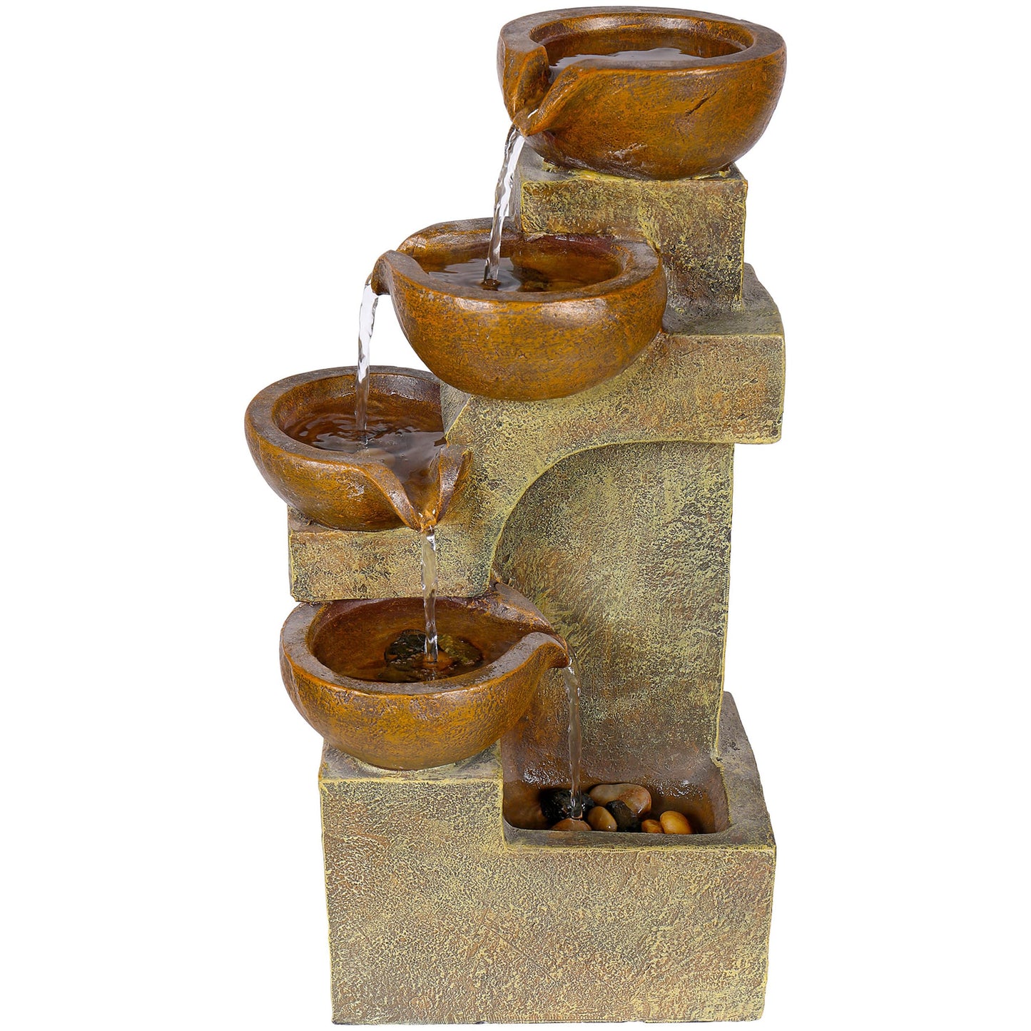 Alpine Corporation WCT726 Indoor/Outdoor Tabletop Tiered Pouring Pots Waterfall Fountain with Natural Stone Look, 16", Brown