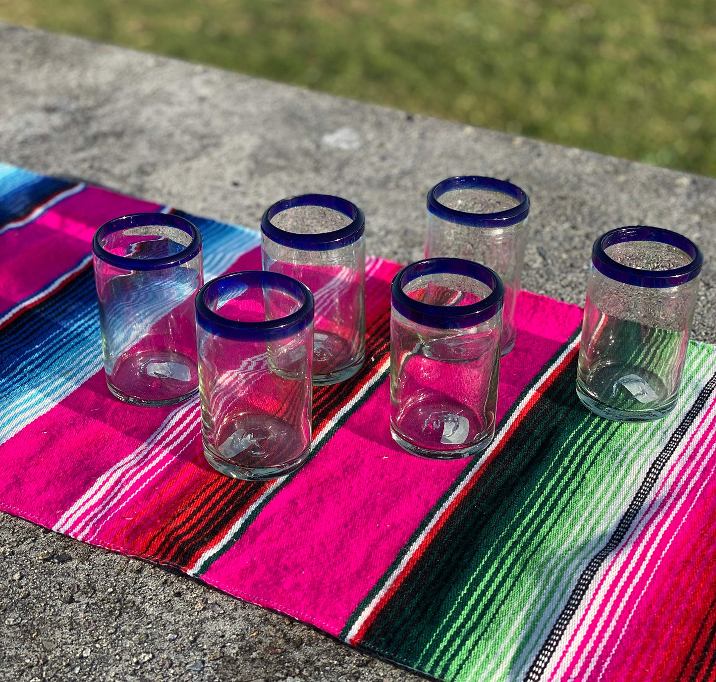 Dos Sueños - Hand Blown Mexican Tumblers - Set of 6 Glass Juice Glasses with Cobalt Blue Rims, 8oz (237ml)