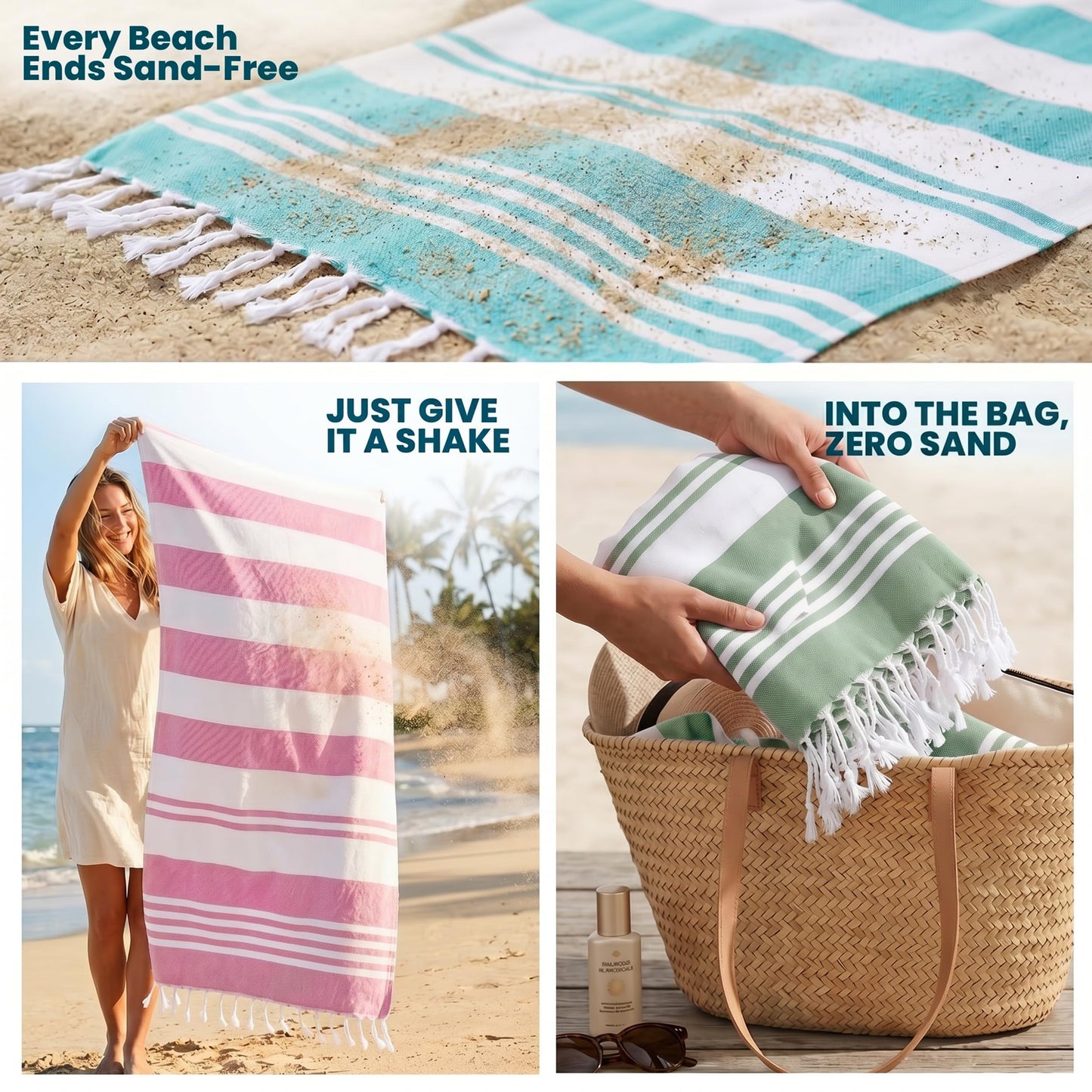 Utopia Towels [4 Pack Turkish Beach Towel (40 x 72 Inches) - 100% Cotton Oversized Sand Free Lightweight & Quick-Dry, Prewashed for Soft Feel Large Peshtemal Towel (Cool Grey, Aqua, Pink, Sea Foam)