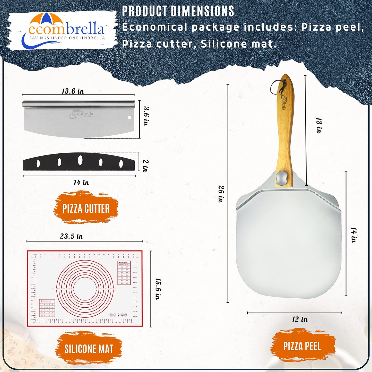 Pizza Peel 12 inch Aluminum with Foldable Wooden Handle | Pizza Rocker Cutter, Pizza Baking Mat | Pizza Peel with Accessories, Tools for Baking