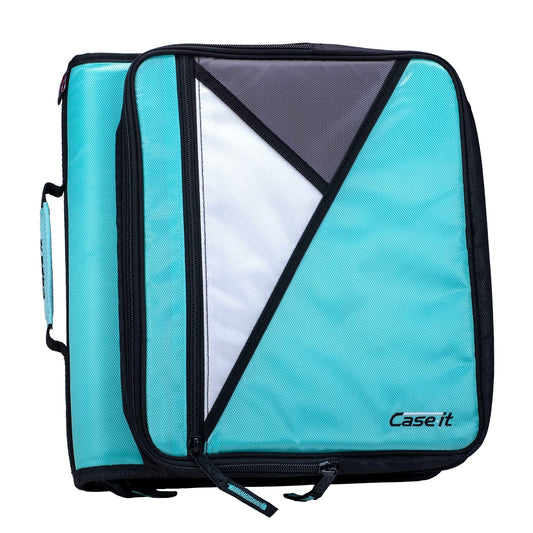 Case-it Universal Zipper Binder | 2-Inch O-Rings, 13-Inch Laptop/Tablet Padded Pocket, 400 Sheet Capacity, Multiple Storage Pockets & Shoulder Strap | School & Office Organizer | LT-007 Mint Blue
