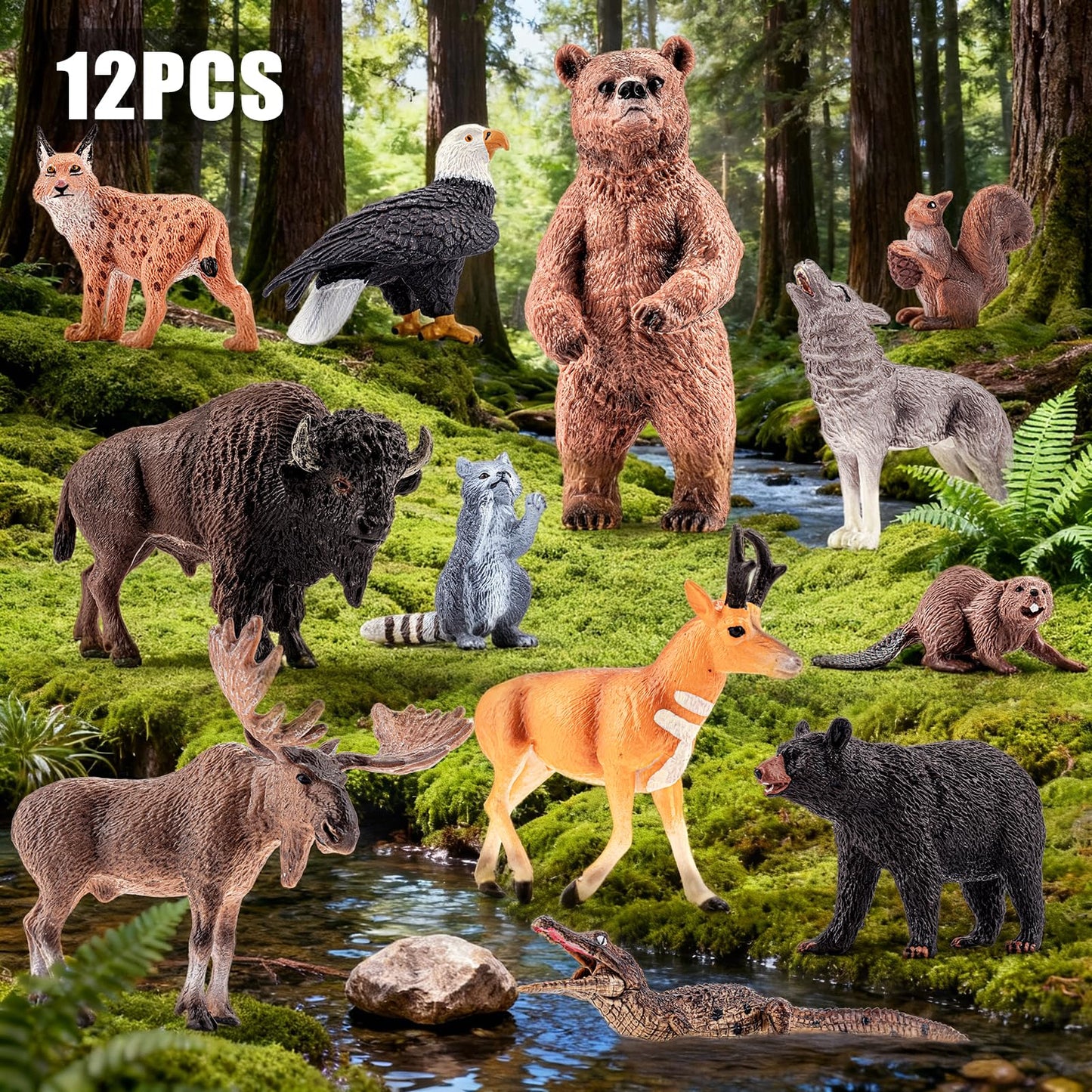 12PCS Large North American Animal Figurines, Realistic Safari Woodland Jungle Animals Figures Toys Includes Crocodile,Wolf,Bear,Deer Cake Toppers Birthday Gift Party Favors Toys for Toddlers