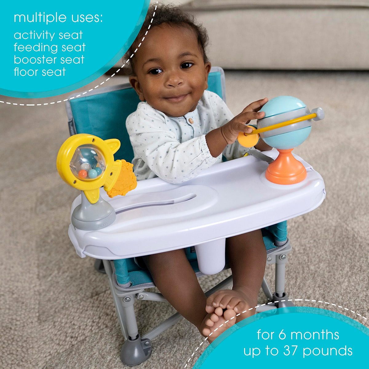 Summer Infant Pop ‘N Sit Eat ‘N Play Baby Pop Up Chair for Meals and Playtime with Removeable Tray and Toys, Portable Booster Folds for Travel, Blue / Gray