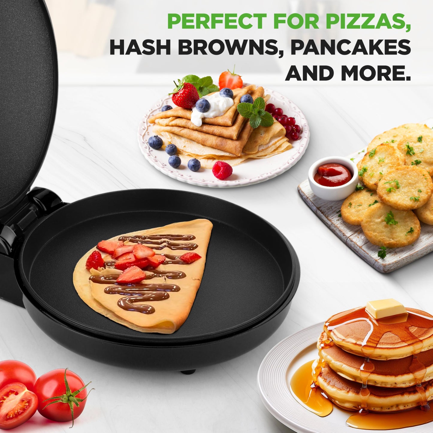 NutriChef Countertop Pizza Maker 1500W Non-Stick Electric Pizza Cooker Temp Control Handle Make 12" Pizzas, Eggs, Toast & More Cool-Touch Handles, Compact 175–400°F Black