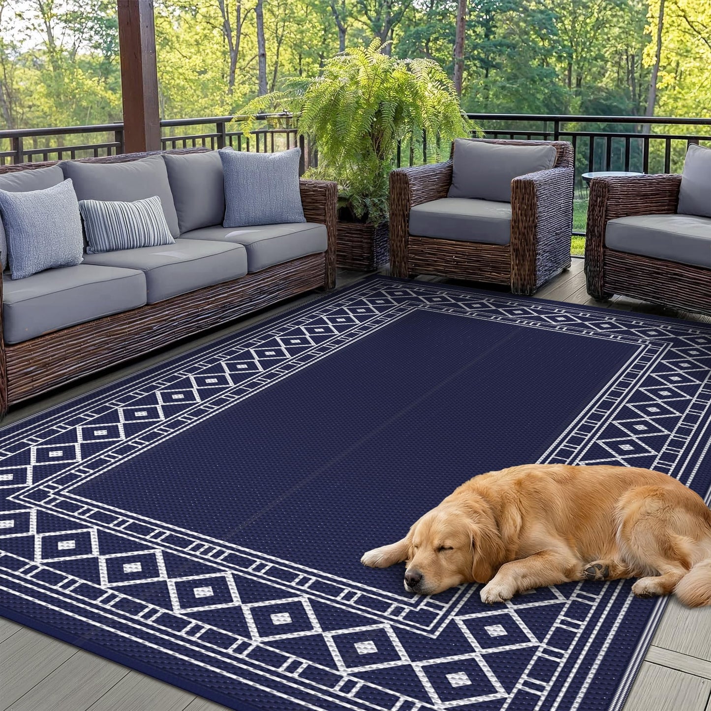 GENIMO 6'x9' Outdoor Rug for Patio, Reversible Plastic Waterproof RV Rugs, Clearance Large Mat, Porch, Camping, Picnic, Deck, Camper, Balcony, Blue & White
