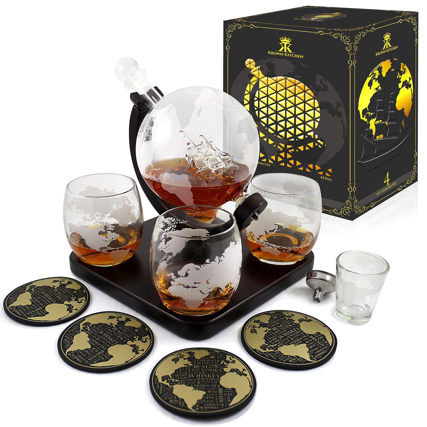 Krown Kitchen - Globe Decanter Gift Set. Includes Wood Base, 4 Glasses, 4 Coasters, Shot Glass, and Funnel.