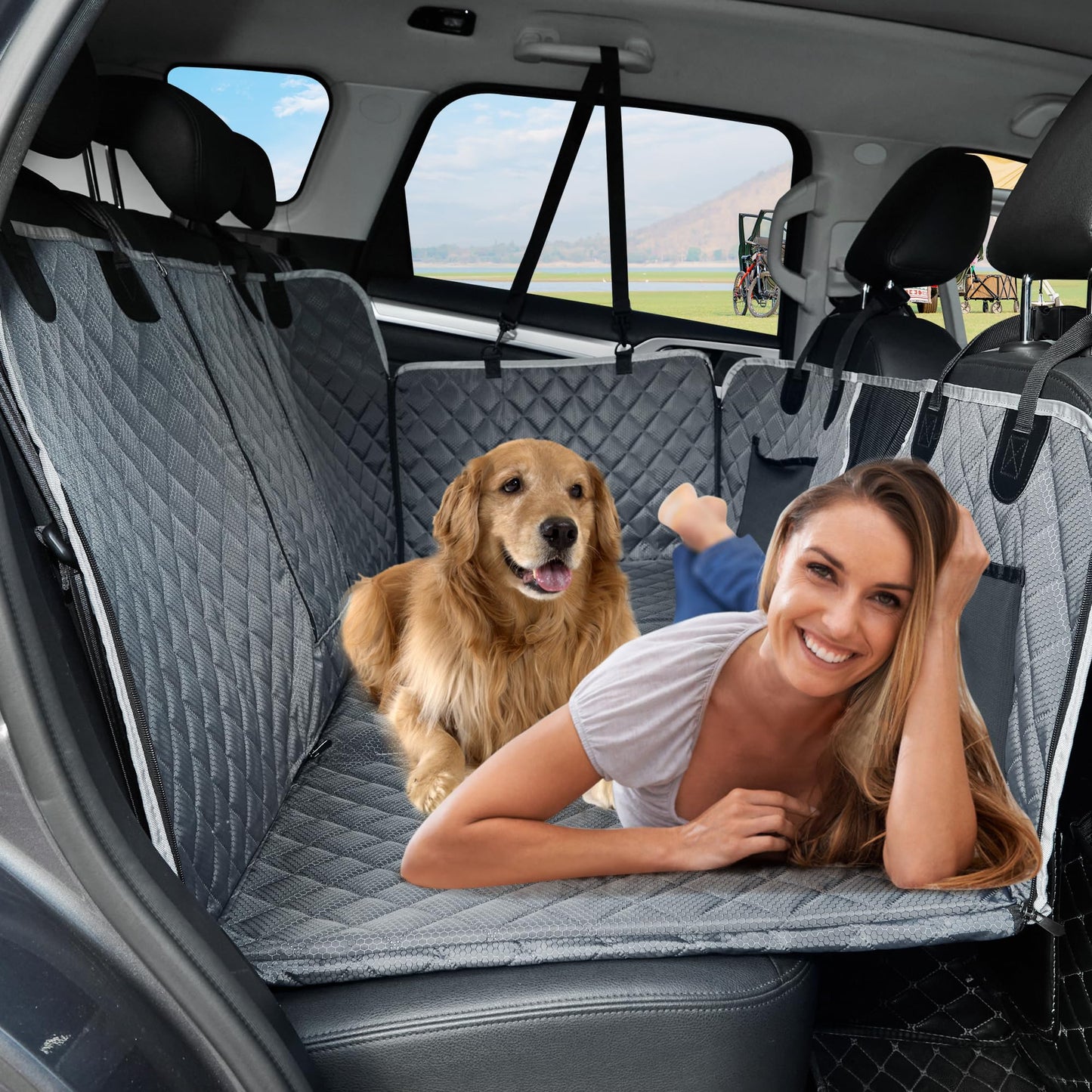 ANOSOSPECIAL Back Seat Extender for Dog,Waterproof Hard Bottom Dog Car Seat Cover for Back Seat Protector,Foldable Camping Pet Hammock Bed,Easy Clean Travelling Accessories Car SUV Truck (Grey)